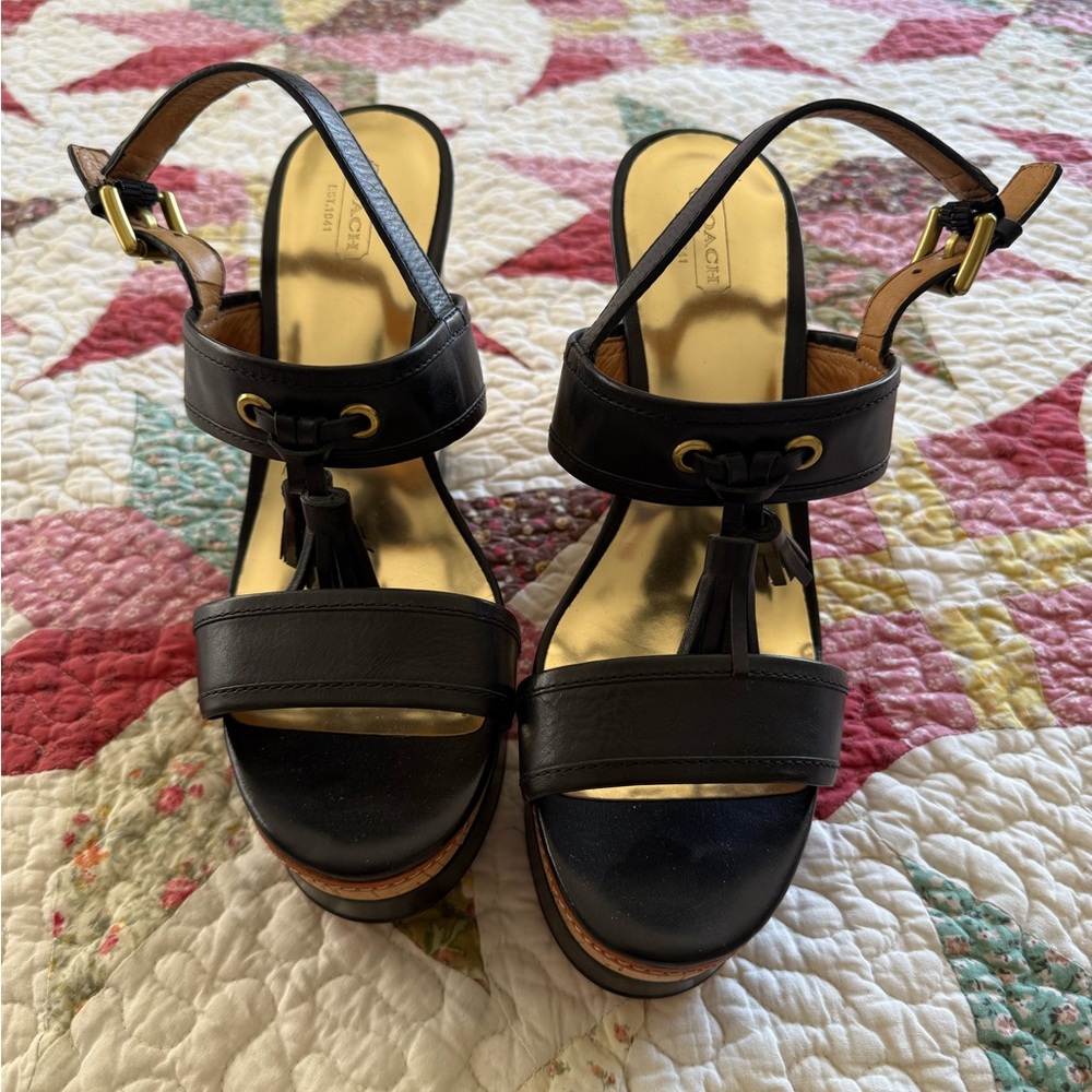 Coach Black Leather Wedge Sandals